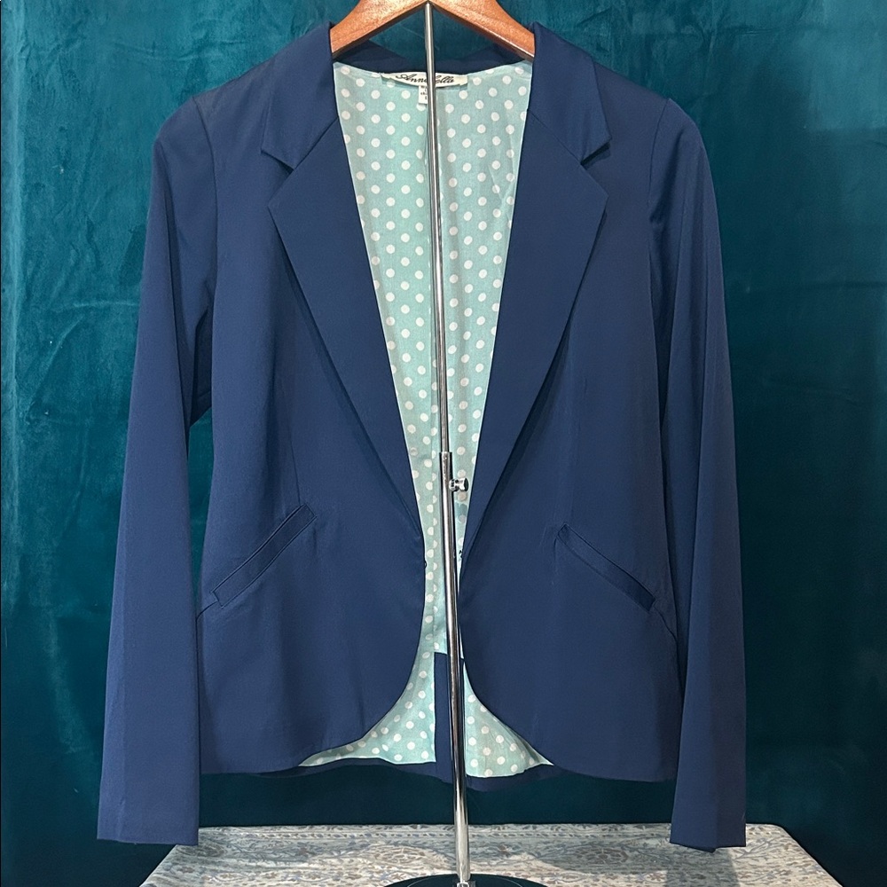 Annabella Navy Blazer with Mint Polka Dot Lining